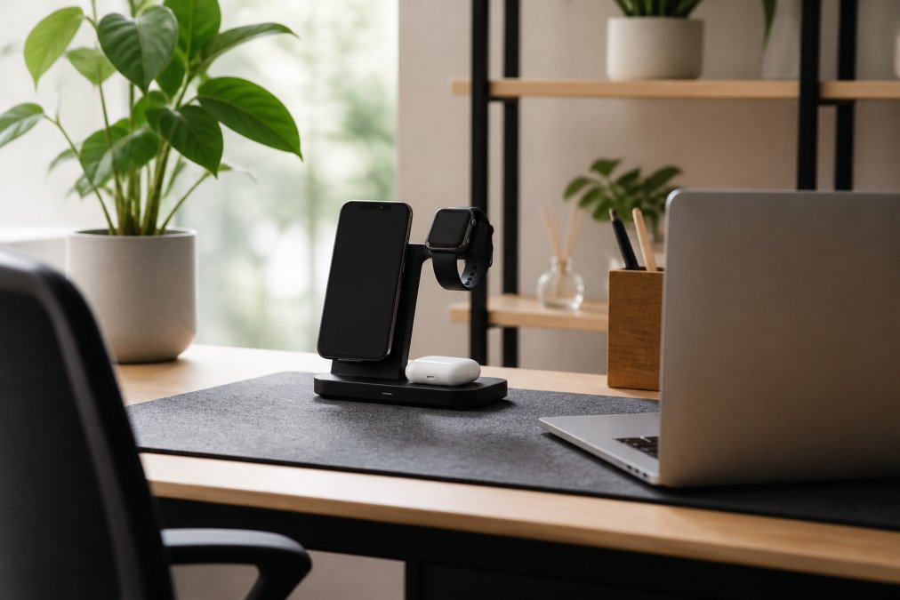 Professional home office desk with organized wireless charging stations, iPhone on MagSafe charger, Apple Watch charging pad, and AirPods case on dedicated spot, with laptop and minimal visible cables, natural window lighting