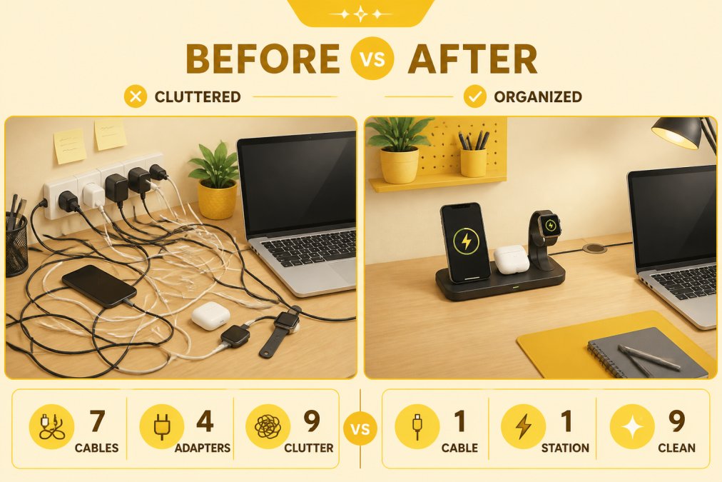 Side-by-side home office desk comparison: left side shows tangled charging cables, multiple power adapters, and cluttered workspace; right side shows same desk with organized wireless charging station, hidden cable management, clean desk surface with laptop and minimal visible wires, professional lighting