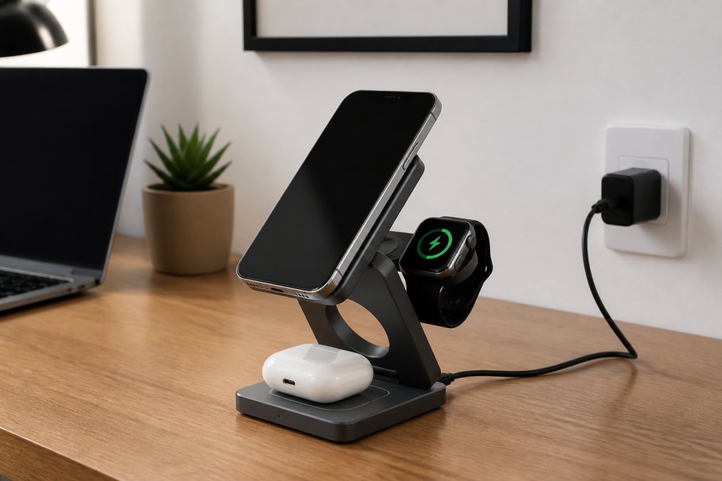 Professional home office desk setup with the 3-in-1 magnetic wireless charging station in use, showing a smartphone mounted on the magnetic pad, an Apple Watch in its dedicated cradle, and wireless earbuds charging in their case, with a single USB-C cable connecting to a wall adapter, minimal visible cable clutter