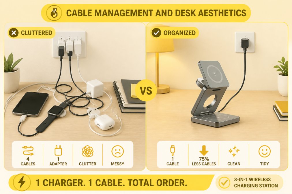 Side-by-side desk comparison showing the left side cluttered with multiple charging cables tangled together (smartphone cable, watch charger, earbud case charger, USB-C adapter), and the right side featuring an organized workspace with a single 3-in-1 wireless charging station, clear desk surface, and only one cable running to a wall outlet, demonstrating dramatic cable reduction
