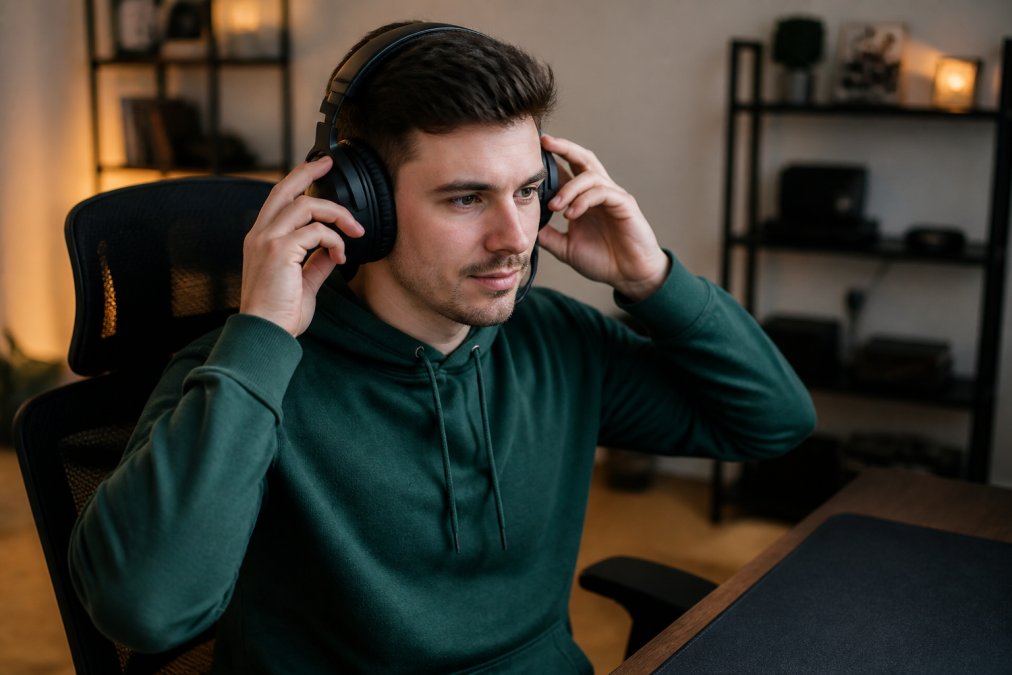 Person adjusting wireless gaming headphones fit on their head, demonstrating headband adjustability and testing ear cup comfort and padding quality