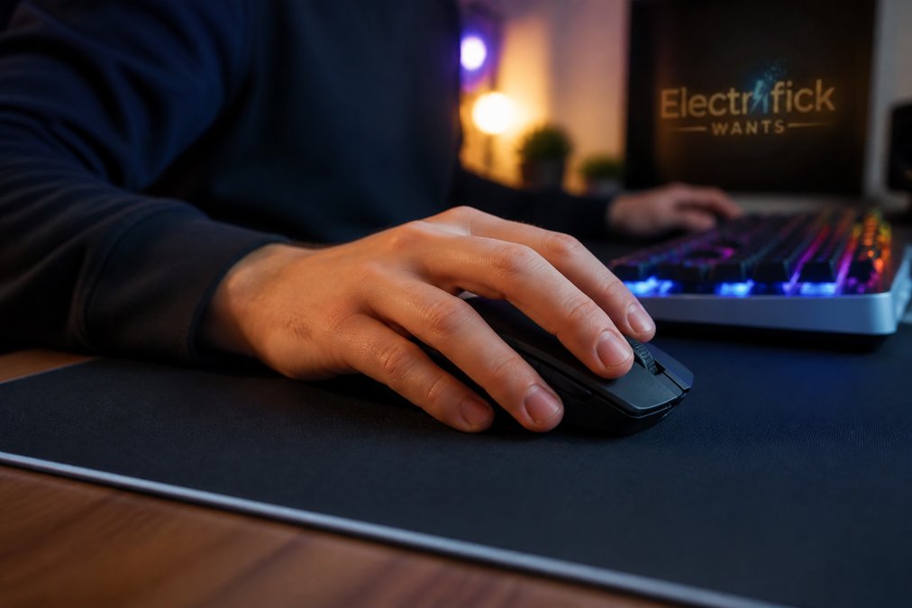 Close-up of a gamer's hand resting on a wireless gaming mouse on a large desk mat, with a mechanical keyboard blurred in the background under soft RGB lighting