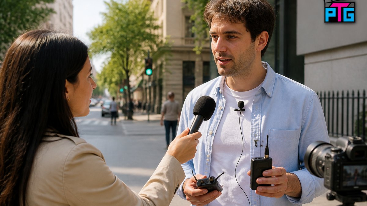 Professional conducting street interview with wireless lavalier microphone clipped to subject's shirt, receiver and transmitter visible, natural outdoor lighting with city background