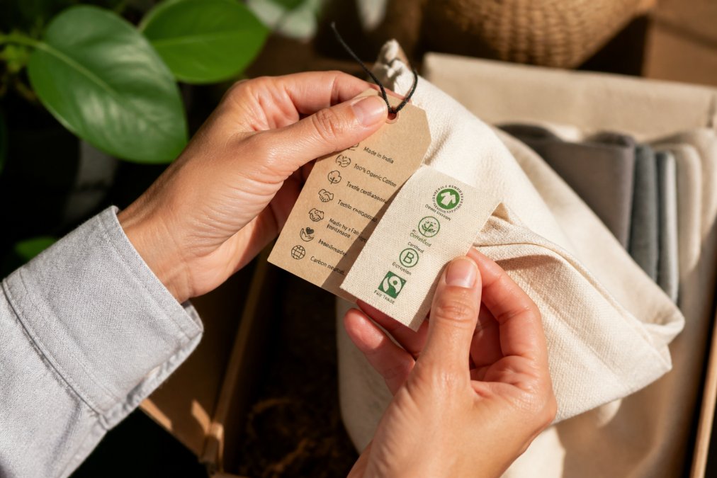 Close-up of hands holding a product tag and certification label showing supply chain information and ethical credentials, with natural sunlight illuminating the details