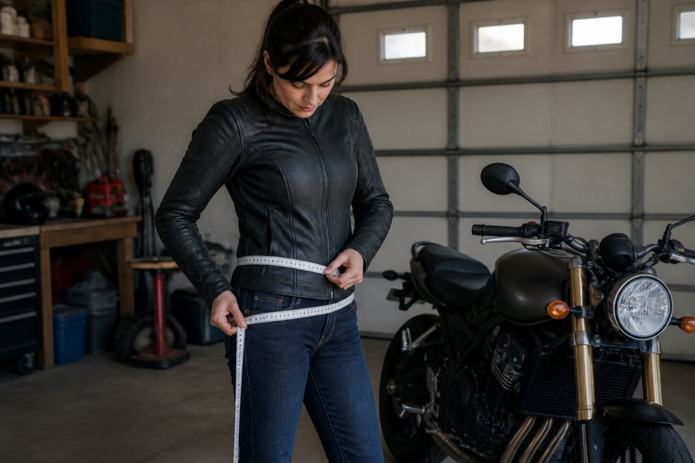 Woman measuring her waist and hips for gear for curves while standing beside her motorcycle in a garage.