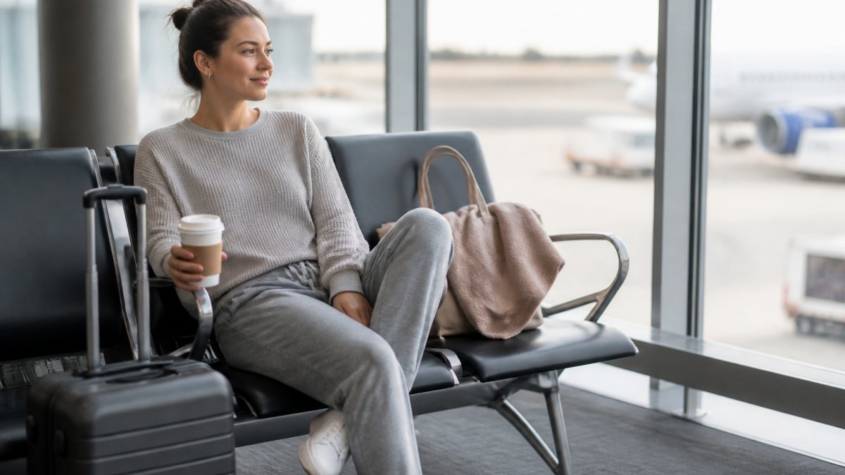 A woman in soft gray sweatpants and a waffle-knit pullover sitting comfortably in an airport lounge chair with a carry-on suitcase beside her, looking relaxed and polished