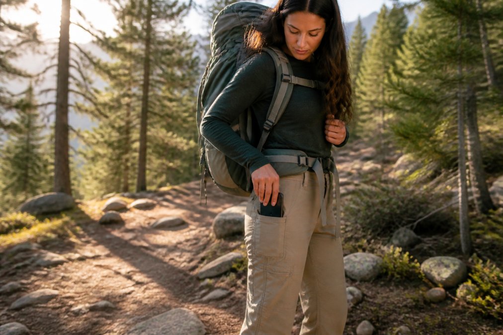Woman hiker on mountain trail wearing outdoor pants, reaching into a deep side cargo pocket while wearing a full backpack, morning sunlight filtering through pine trees