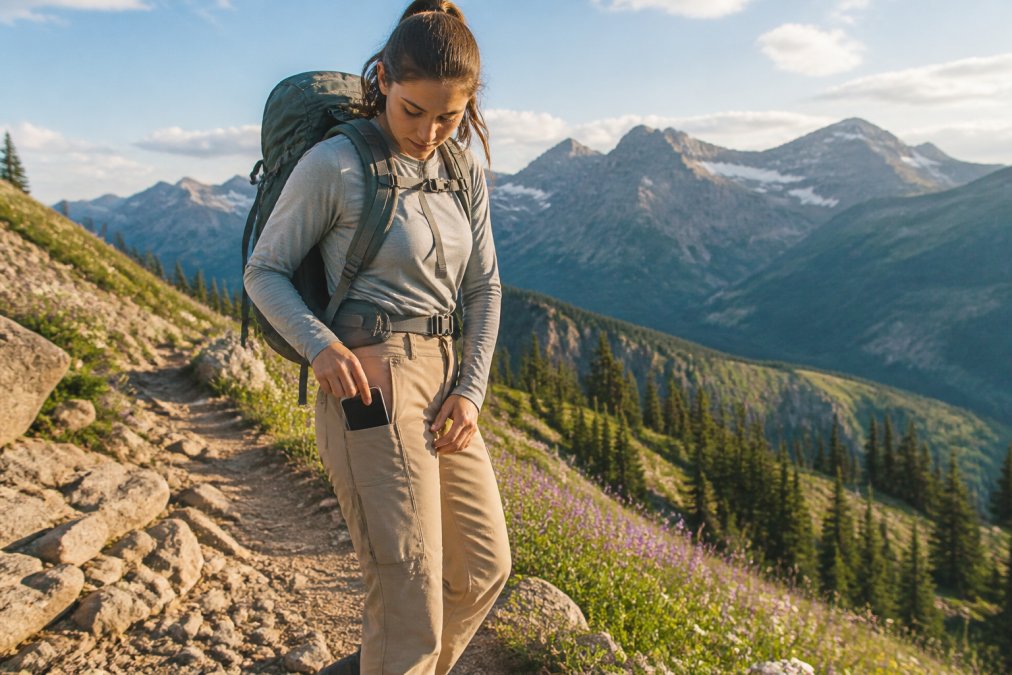 Woman hiker on rocky mountain trail accessing a side cargo pocket for smartphone while wearing a full backpack, alpine meadow setting with distant peaks, afternoon sunlight