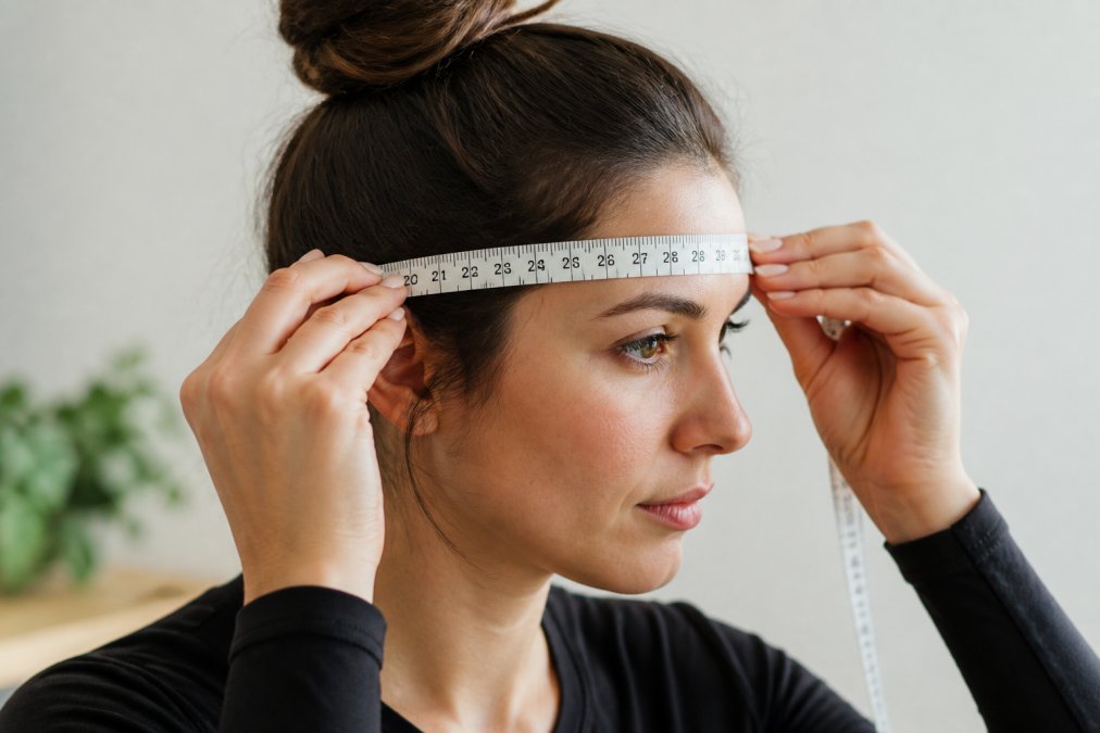 Close-up of a woman's hands holding a flexible measuring tape around her head just above the eyebrows, tape snug against her hair, neutral soft-light background