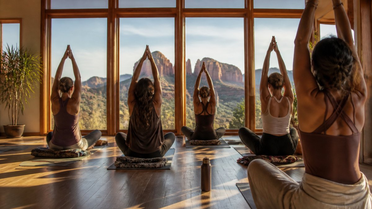 Group of women in yoga poses during sunrise class overlooking red rock formations, natural light streaming through studio windows