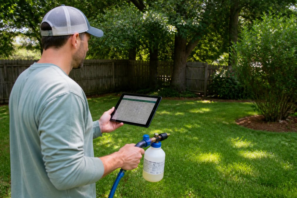 Person using a hose-end sprayer while reviewing a comparison table of yard treatment products.