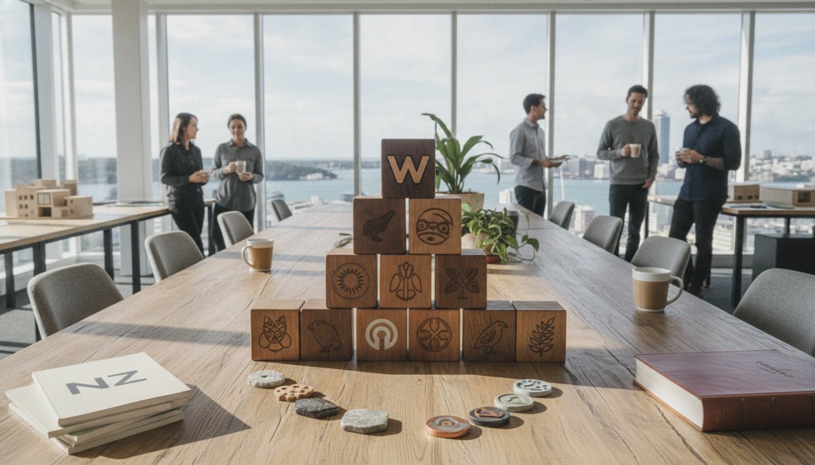A small team of web developers collaborating around a laptop displaying a WooCommerce store dashboard in a modern Auckland office, warm natural light coming through large windows, three people pointing at the screen in discussion