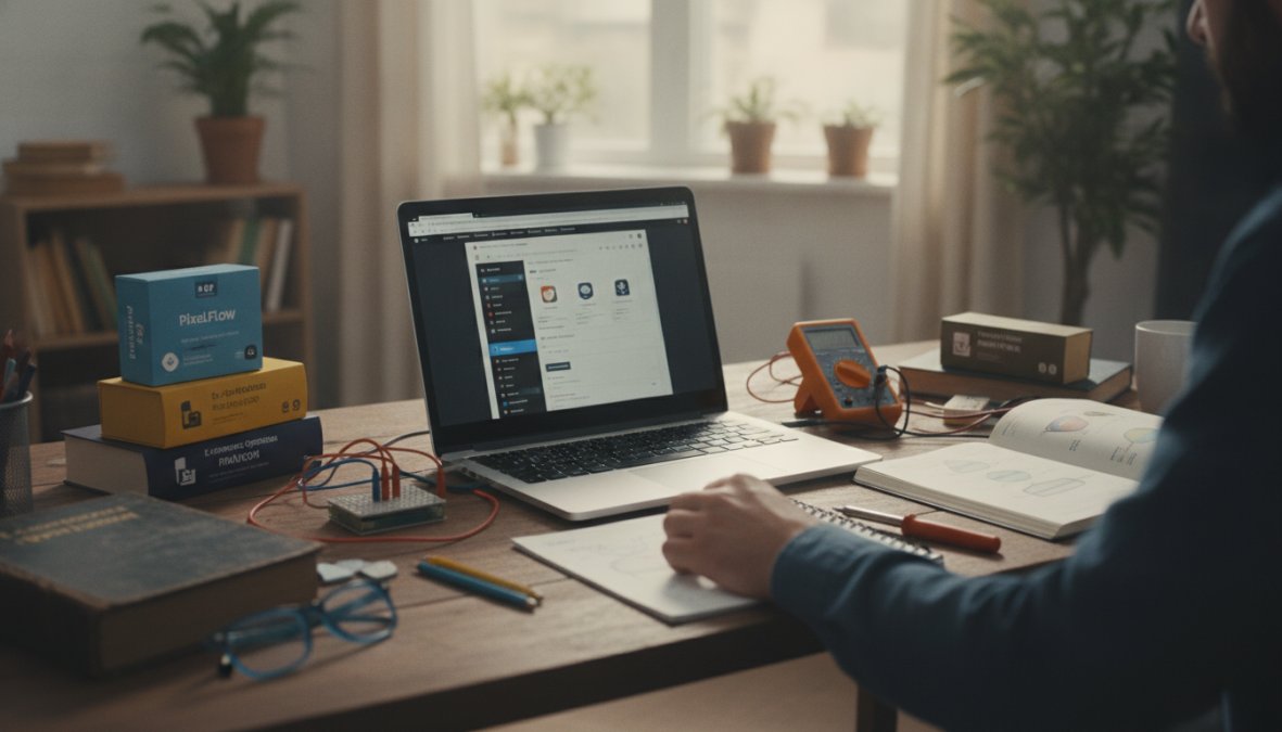 Digital marketer at desk reviewing WooCommerce settings and analytics dashboards on multiple monitors in a modern office environment with natural lighting