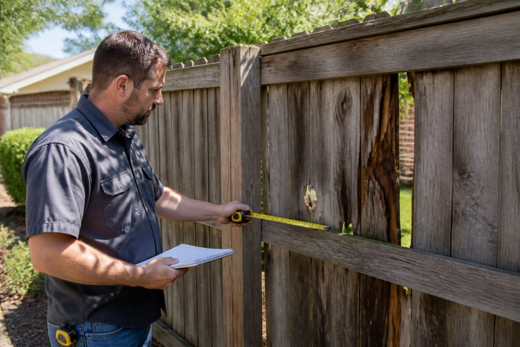 A fence contractor in a work shirt measuring and inspecting a damaged cedar wood privacy fence in a residential backyard on a sunny day, with a notepad and measuring tape in hand