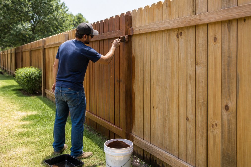A homeowner applying wood stain to a pressure-treated lumber fence panel with a brush, working methodically from top to bottom, with a bucket of stain and painting supplies visible on the ground nearby in a sunny backyard
