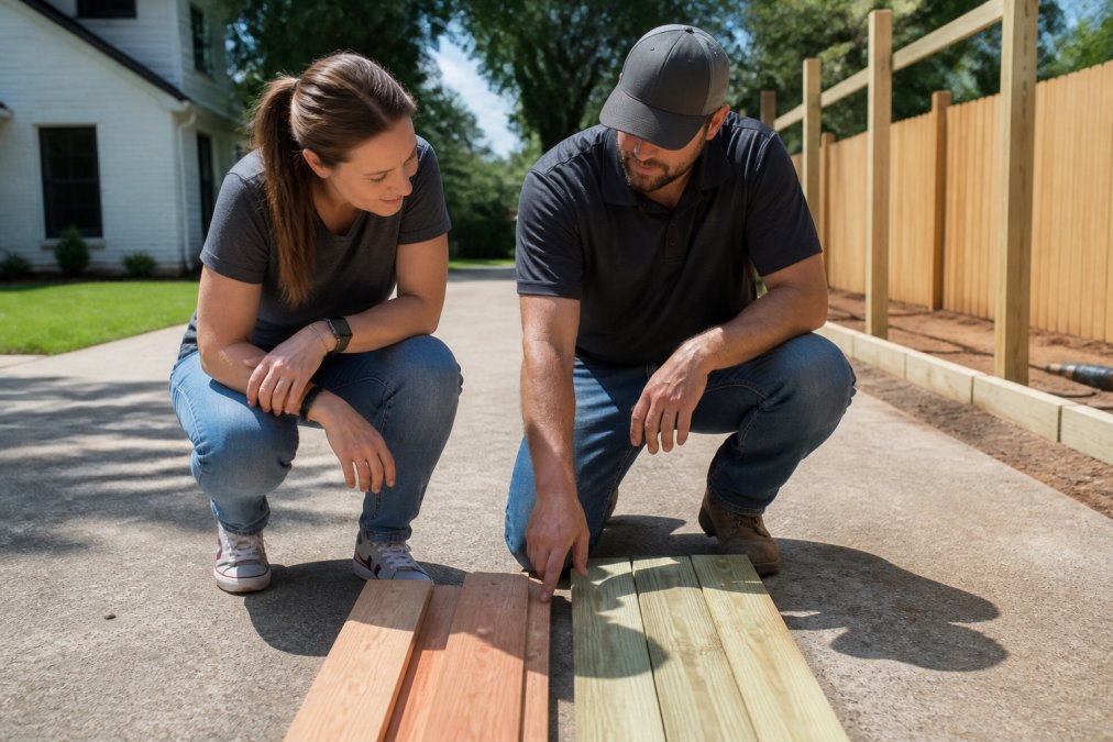 Homeowner and contractor reviewing wood samples for new backyard fences on a sunny driveway