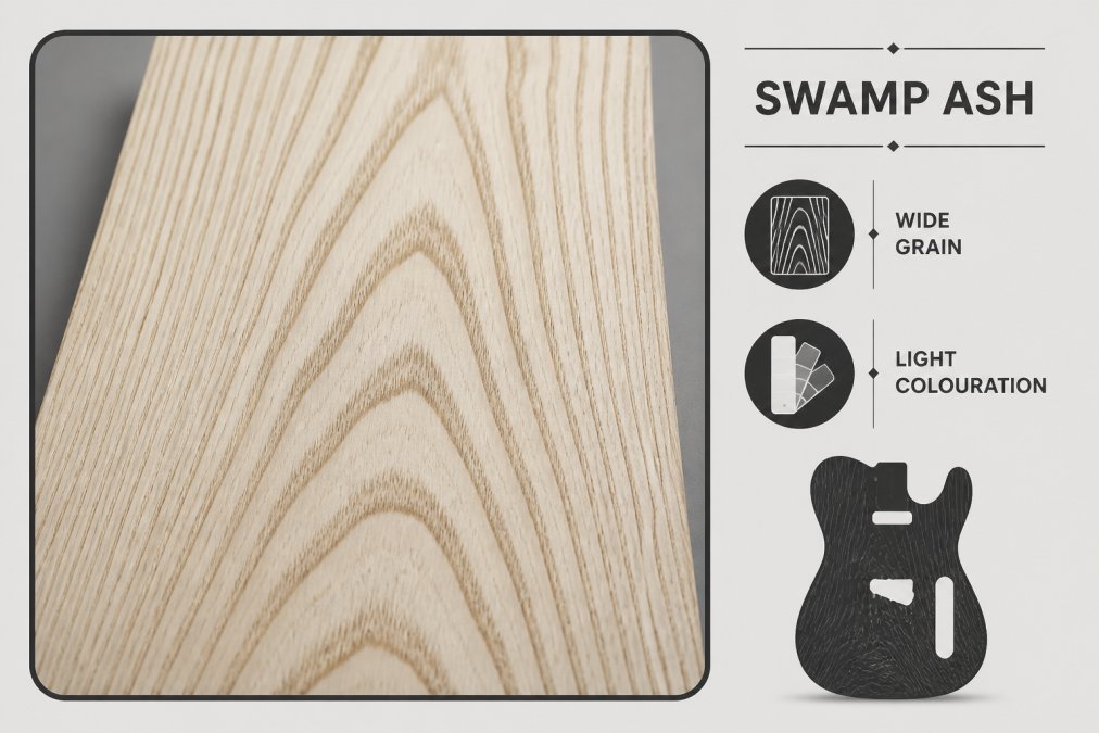 Close-up of swamp ash wood grain showing distinctive wide, irregular grain pattern with light golden colouration, displayed to highlight natural texture and figuring