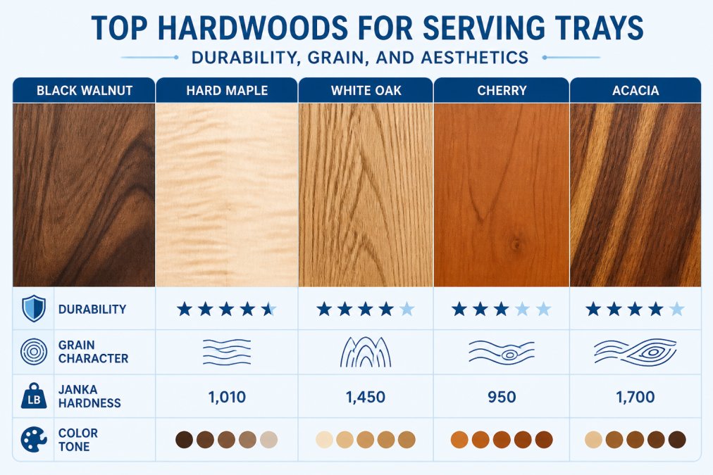 Close-up of five different wood samples arranged side-by-side showing black walnut, hard maple, white oak, cherry, and acacia grain patterns and rich colors in natural workshop lighting