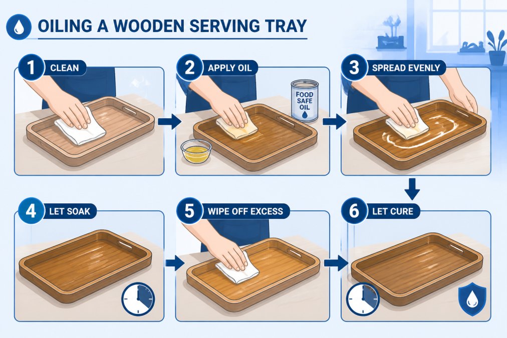 Hands applying food-safe oil finish to a wooden serving tray with a soft cloth, showing the oiling process in a bright workshop setting with natural light