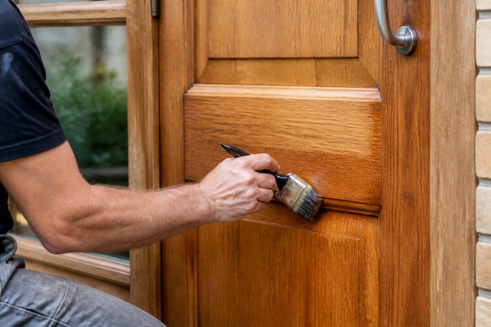 Step-by-step process of applying a protective sealant to an exterior wood door with a brush