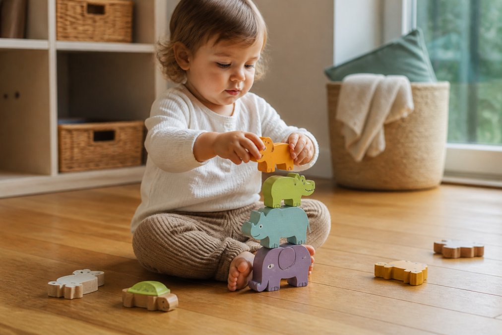 A toddler sitting cross-legged on a warm wooden floor, carefully lifting a colourful wooden animal block with both hands to place it on a small stack, with soft natural light from a nearby window illuminating the scene and a few scattered wooden pieces around them