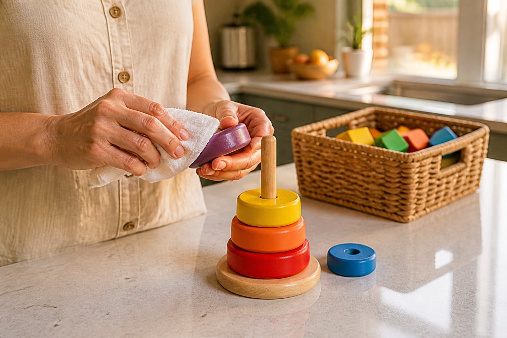 A parent wiping down smooth colourful wooden stacking toys with a damp cloth on a light-coloured kitchen bench, with a small wicker basket of sorted wooden blocks visible in the background and warm afternoon light coming through a window
