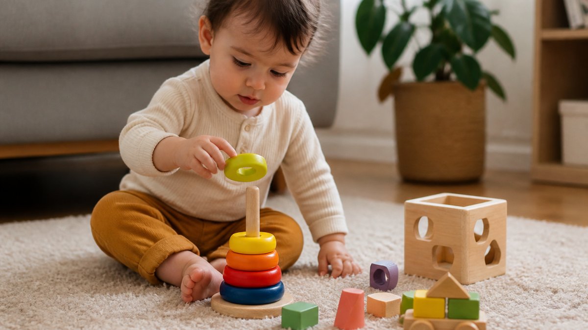 A toddler sitting on a living room rug, concentrating as they slide a colourful wooden ring onto a stacking toy, with other wooden toys scattered nearby in warm natural light