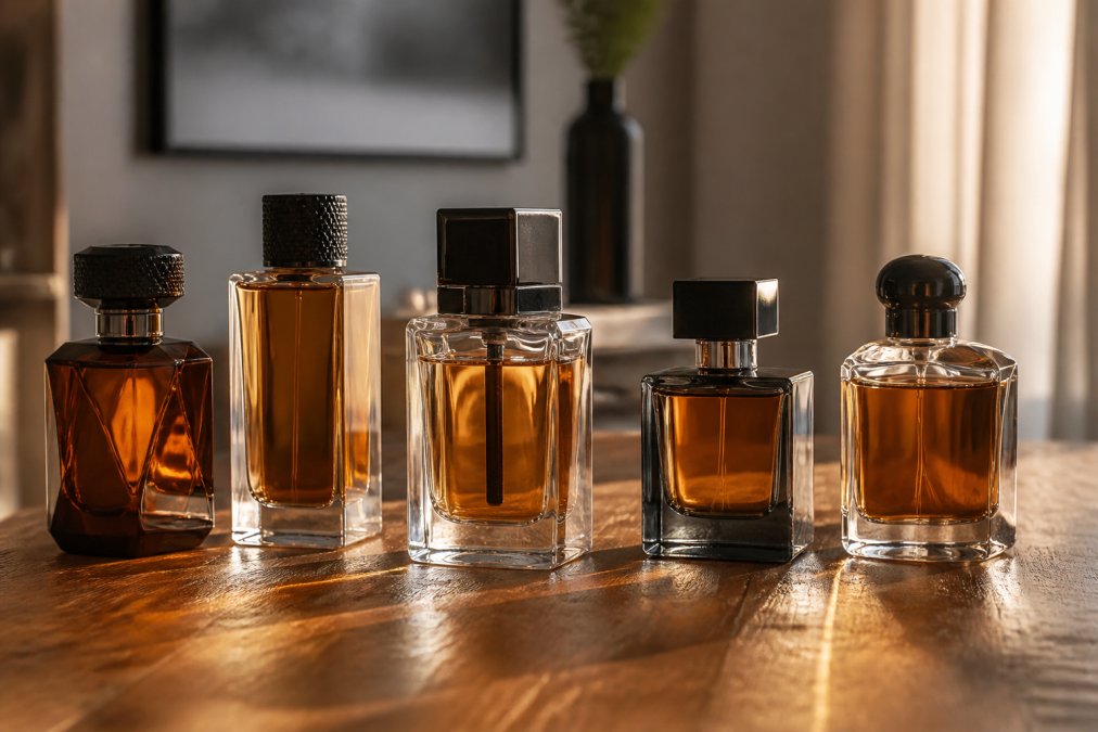 Collection of designer fragrance bottles in amber and clear glass arranged on a rich wooden surface with warm golden hour lighting, showcasing various bottle shapes and sizes