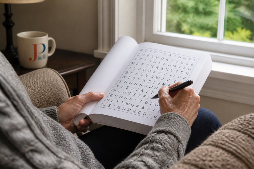 Close-up of an older adult's hands holding a large print word search book with a pen, sitting in a cozy armchair near a window with natural light