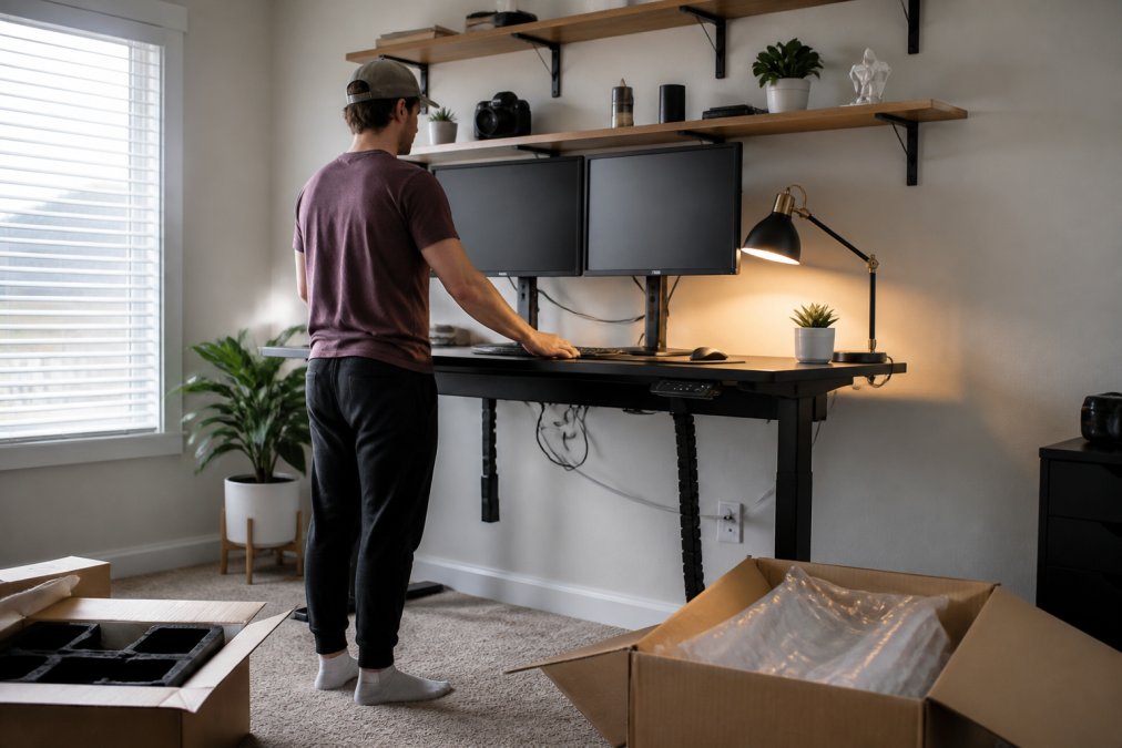 Person maintaining proper posture at an ergonomic work from home setup with dual monitors and organized shelving.