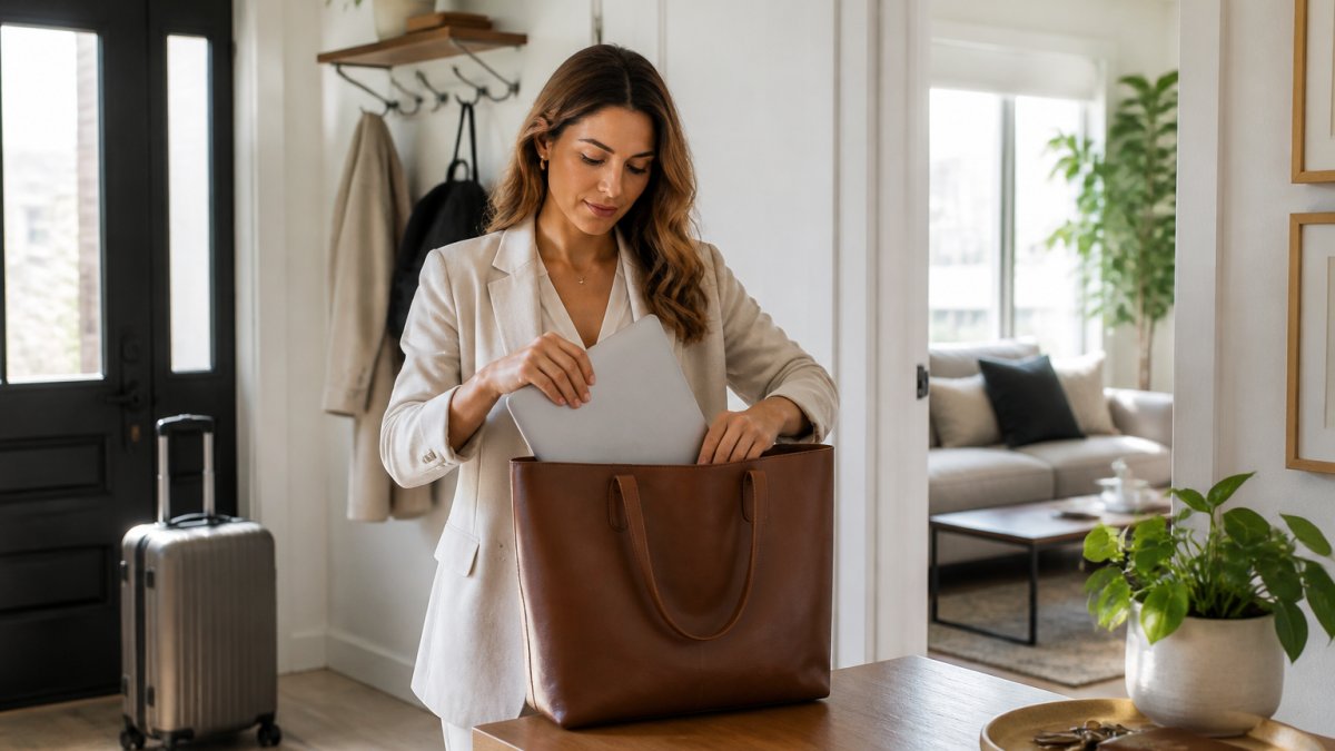 A professional woman in a neutral-toned outfit placing a laptop into a structured leather tote bag while standing in a bright, modern apartment entryway, with a rolling suitcase visible in the background