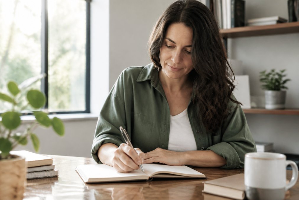 Person sitting peacefully at a desk with a workbook open, hand writing in journal, natural light streaming through window, calm expression