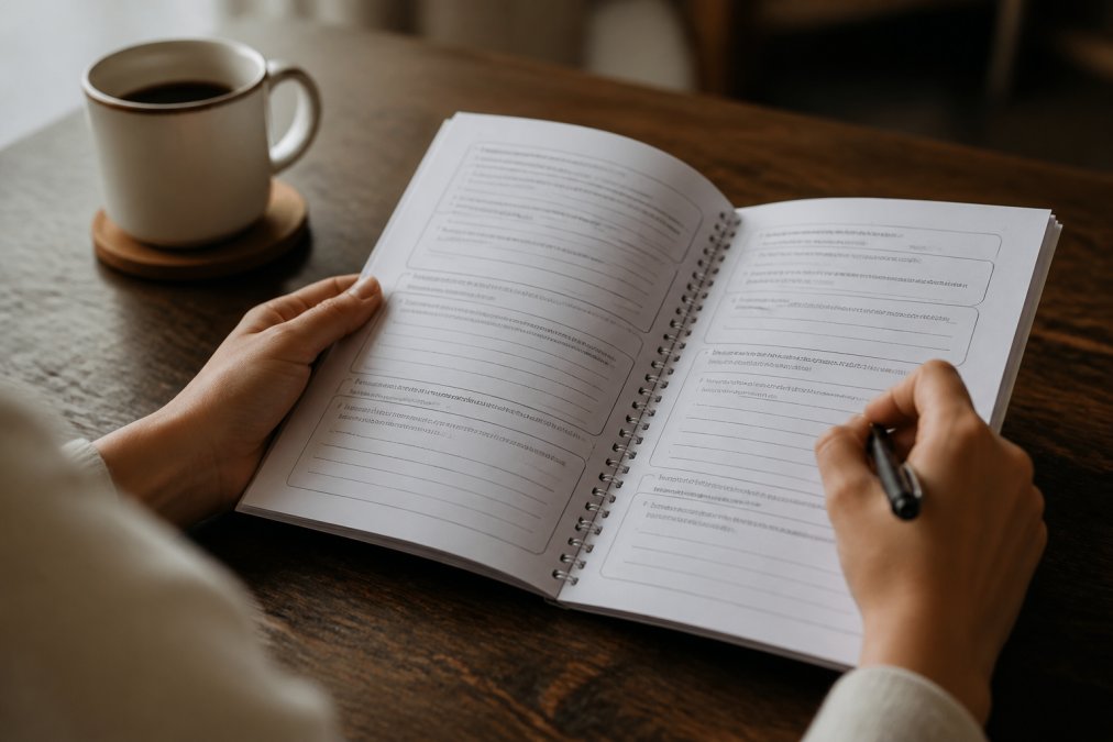 Close-up of hands holding a structured workbook with worksheets and exercises visible, pen ready, coffee cup nearby on desk