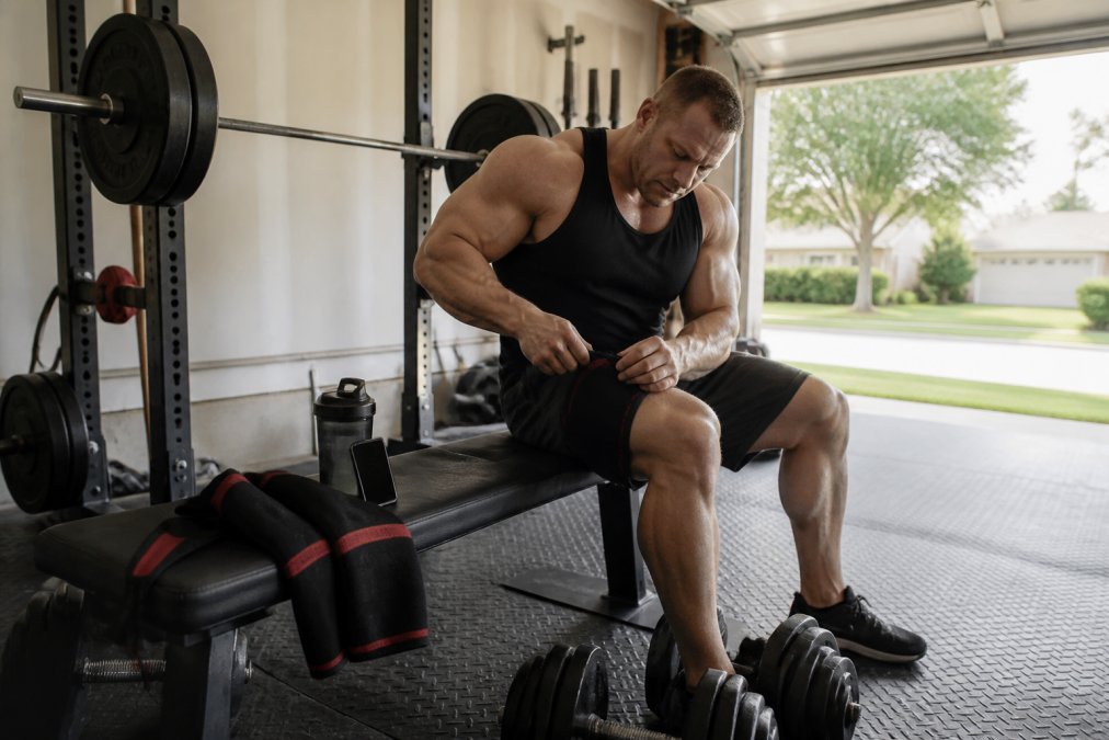 Home gym setup with equipment and a smartphone using the best workout app for home training to track progress.