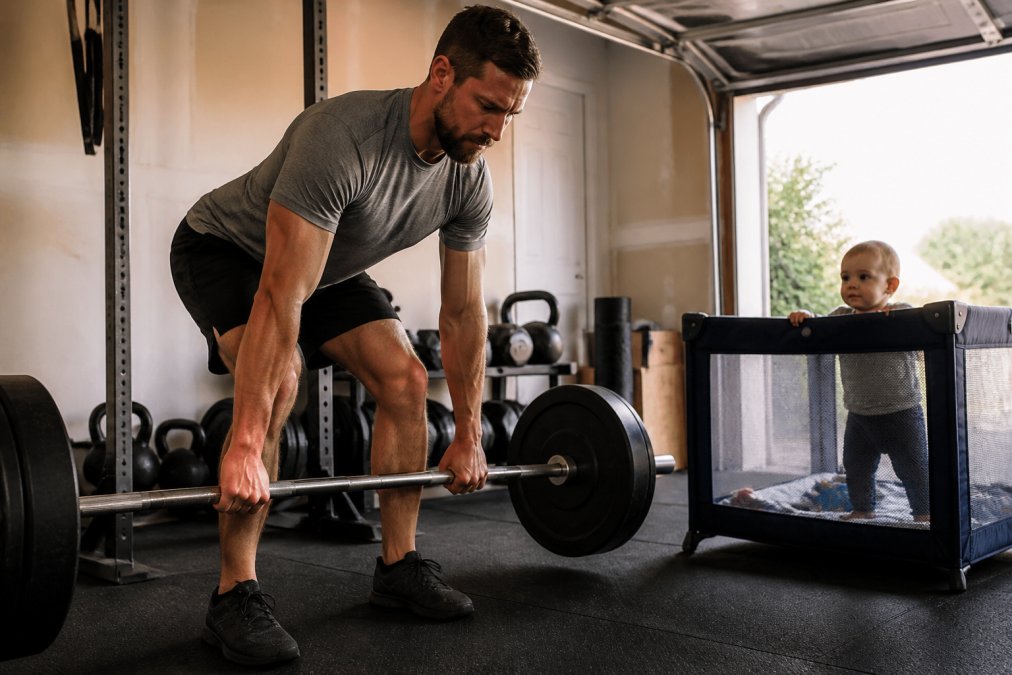 Father in a performance t-shirt lifting a barbell in a garage gym while his young child watches from a playpen
