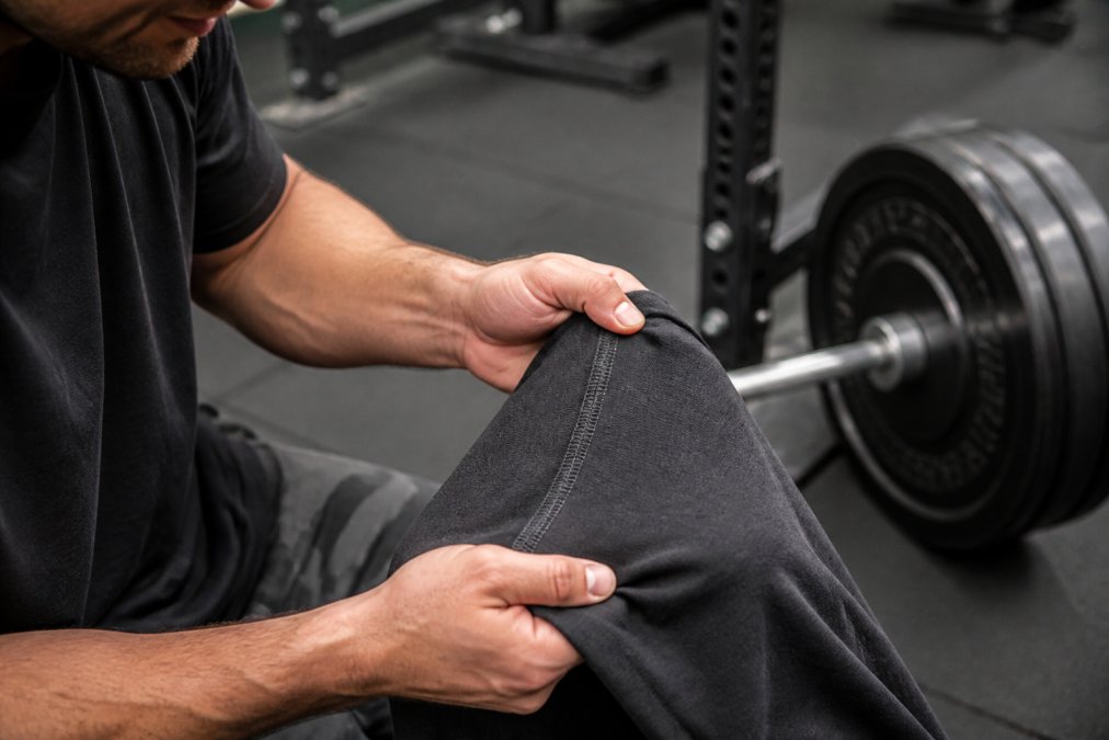 Close-up of a lifter's hands examining the stitching and seam quality on a heavyweight gym shirt after a workout, with a barbell and plates visible in the background of a gym