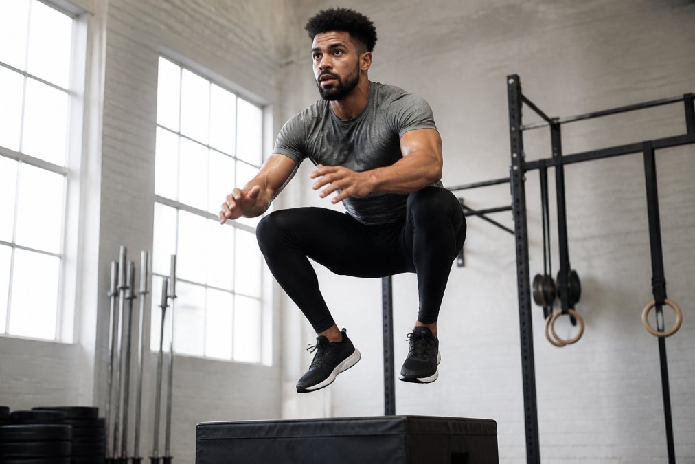 An athlete in form-fitting performance wear performing a dynamic squat jump in a bright, industrial-style gym, sweat visible but fabric clearly dry