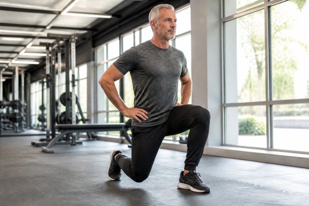 Mature male athlete in his 50s wearing moisture-wicking training pants and breathable athletic top, performing a dynamic lunge movement in a bright, modern gym with natural window lighting