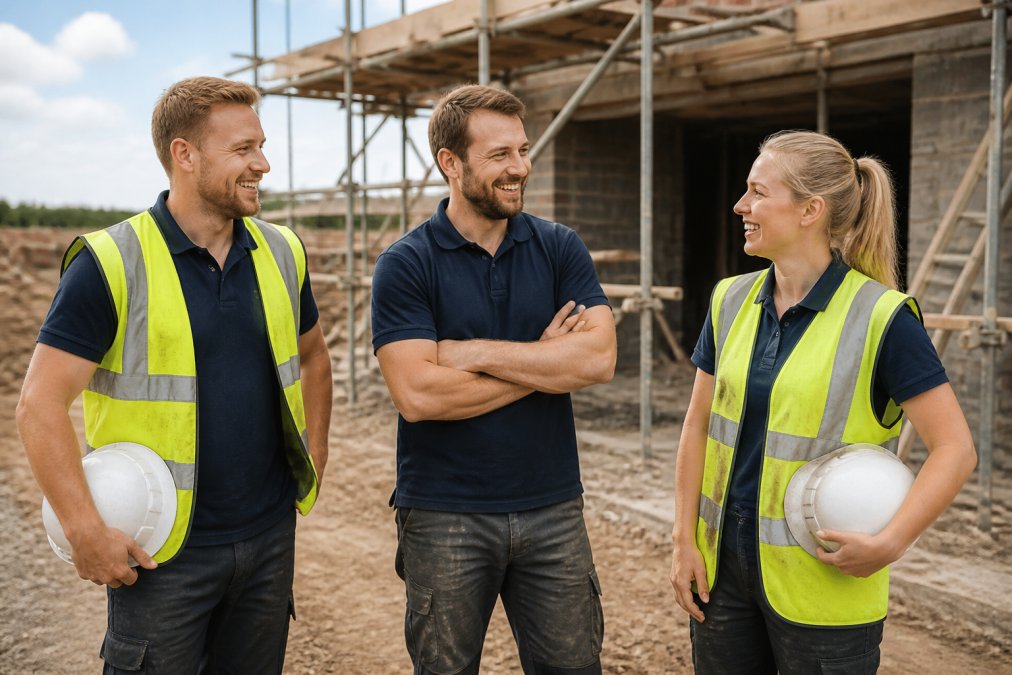 Construction team wearing branded polo shirts and hi-vis vests with embroidered company logos, standing on an active job site with natural daylight