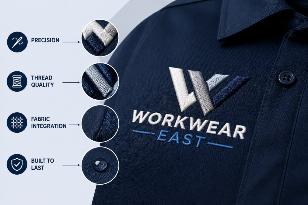Close-up of multi-colour embroidered company logo on a work shirt, showing precise stitch detail, thread quality, and fabric integration under natural lighting