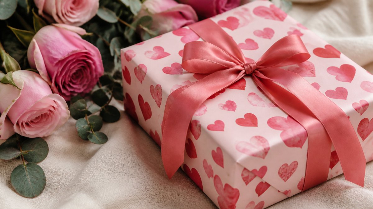 Close-up of wrapped anniversary gift with pink heart-patterned wrapping paper, tied with silk ribbon, displayed with fresh roses and eucalyptus on a soft neutral linen surface