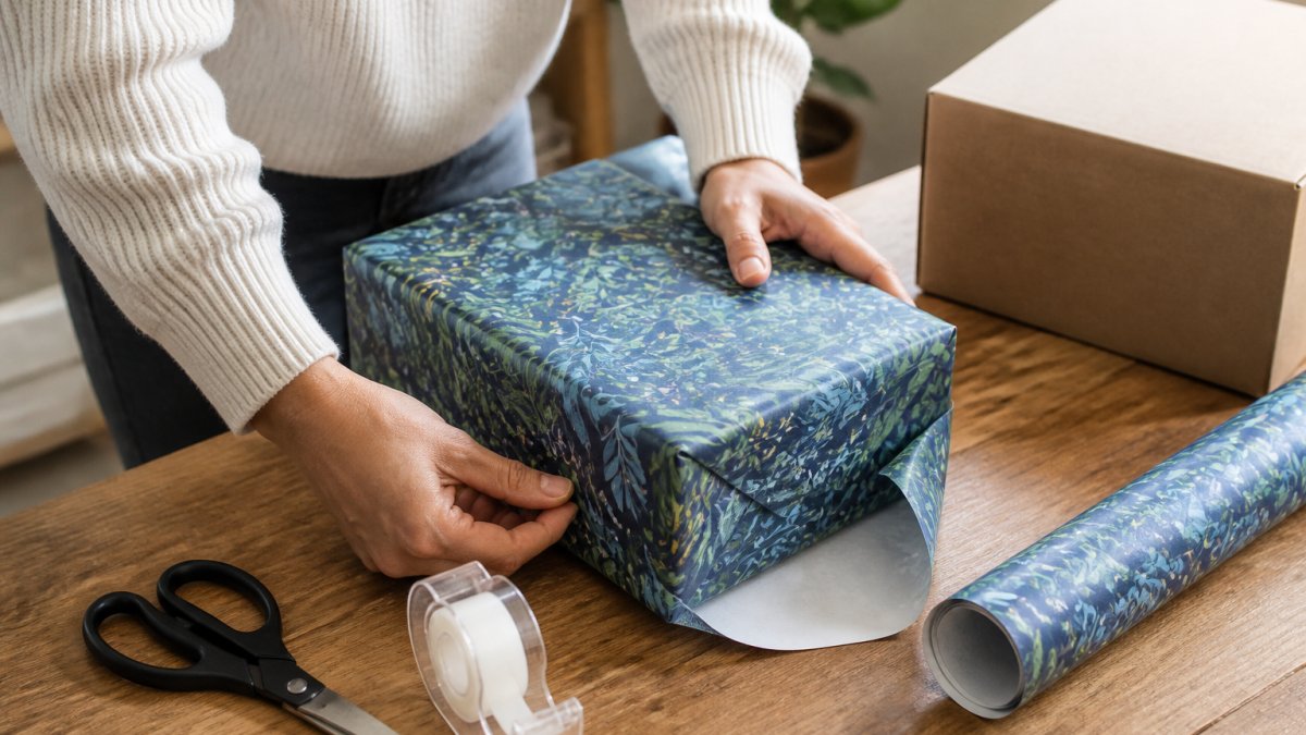 Step-by-step guide showing how to wrap a rectangular gift box for secure shipping on a wooden table