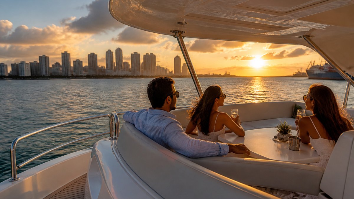 Guests relaxing on a yacht flybridge at sunset with the Miami skyline in the background