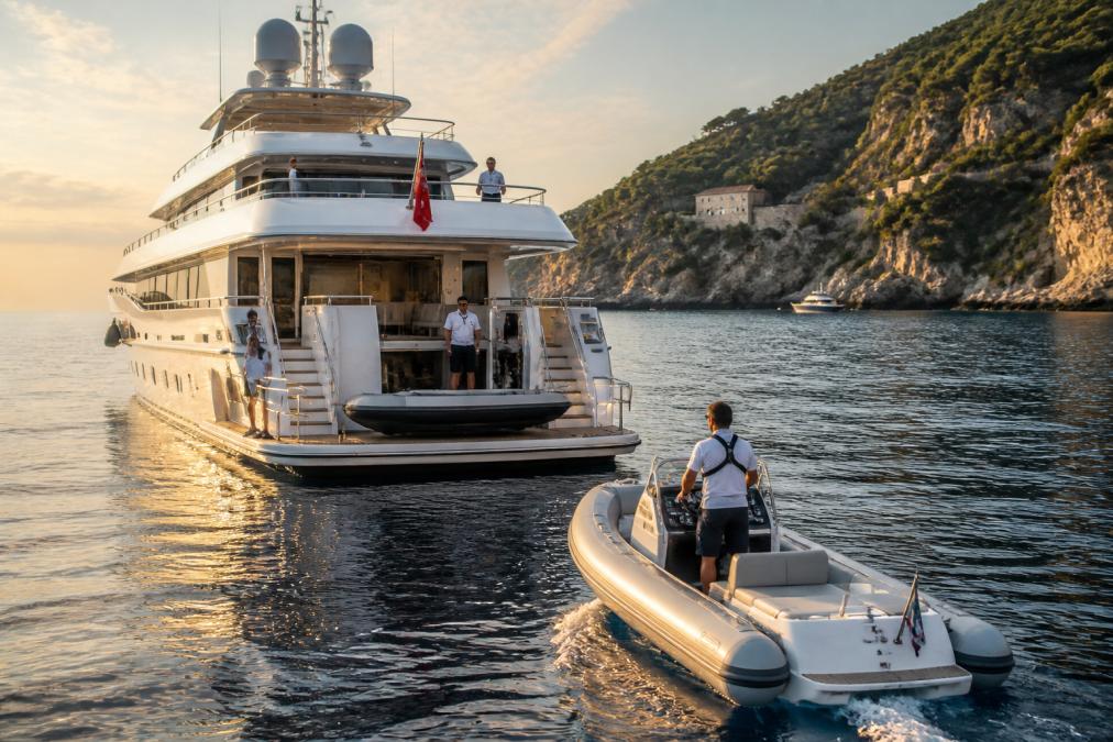 A luxury superyacht anchored in a calm Mediterranean bay at golden hour, with a small tender approaching and crew in uniform visible on deck