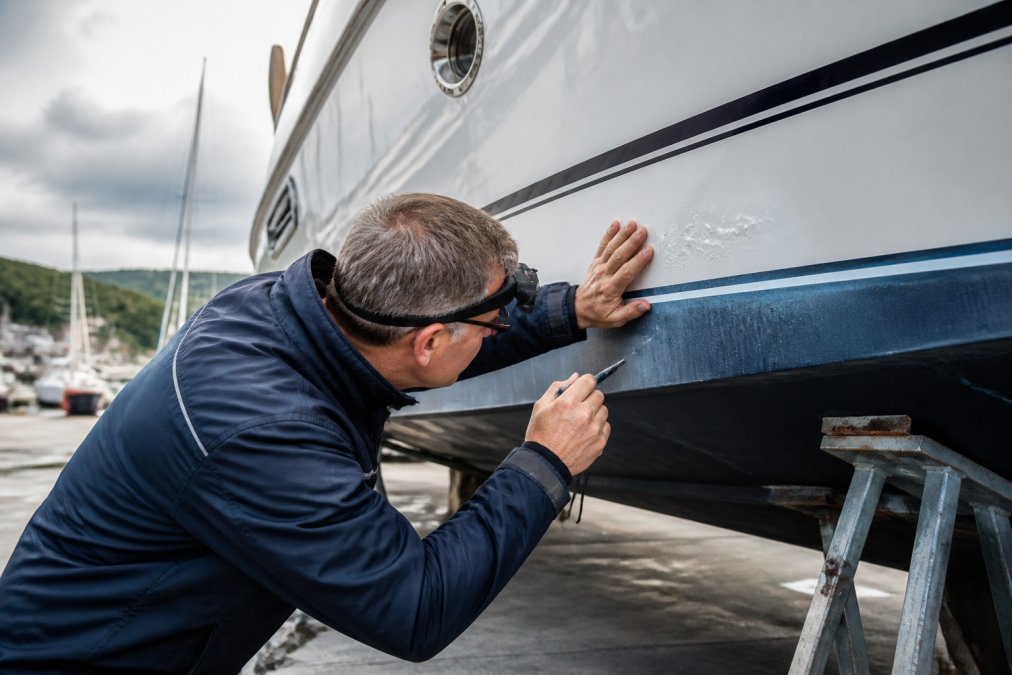 Professional marine surveyor examining the hull exterior of a pre-owned motor yacht, checking for blistering and structural damage with specialized tools and magnifying equipment