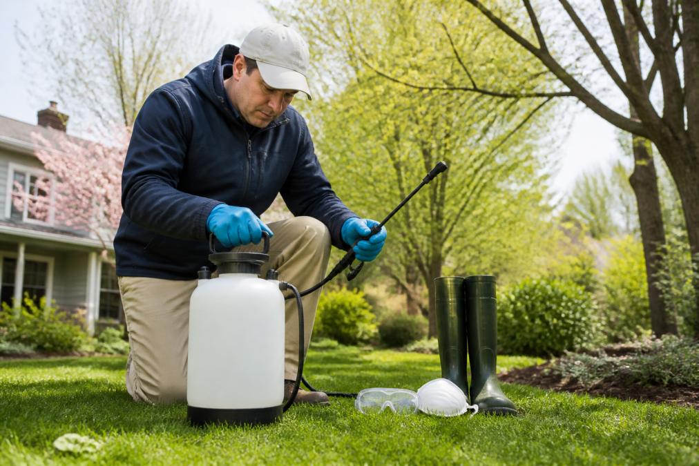 Spring morning scene with person preparing tick treatment supplies outdoors, checking spray equipment and protective gear, showing seasonal readiness with green trees budding in background