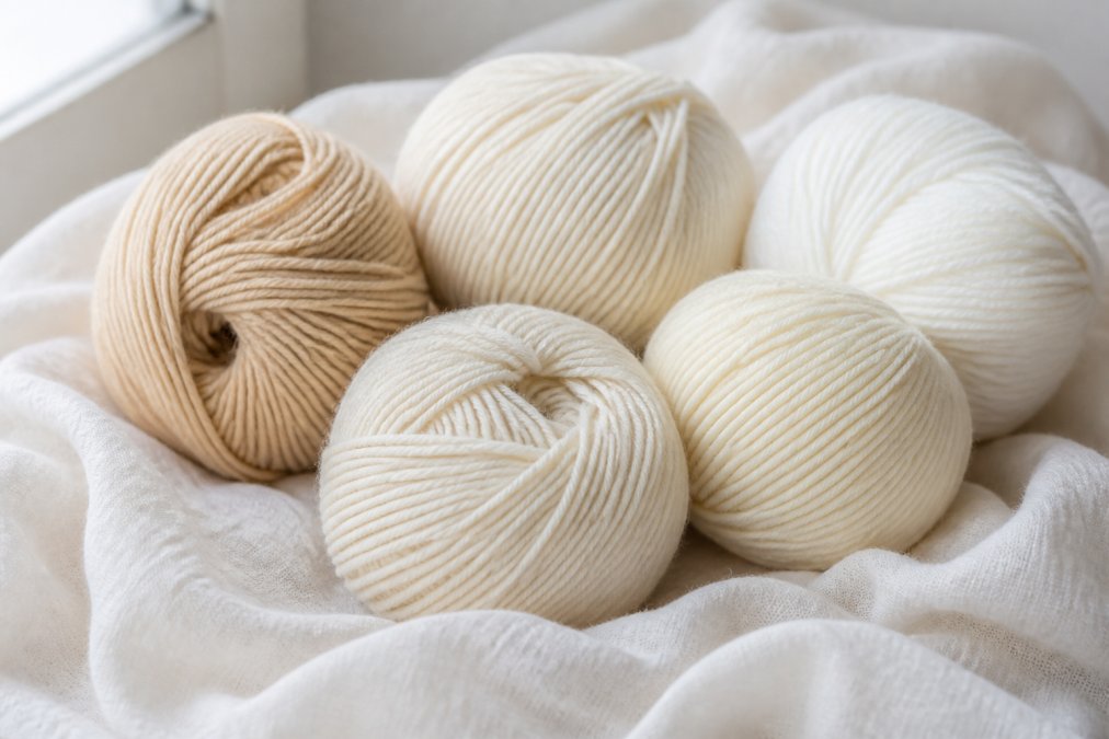 Close-up of various yarn skeins in natural cream and soft white tones arranged on a delicate white cotton fabric, showing fine fiber texture and weave detail under soft natural window lighting