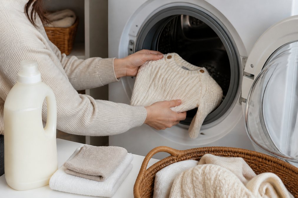 Hands gently placing a soft cream-colored baby sweater into a washing machine, with a bottle of gentle wool detergent and a soft washcloth visible on the white counter beside the machine