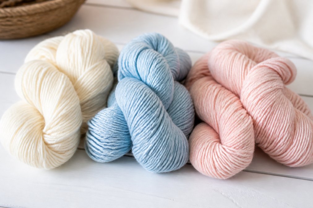 Close-up of several skeins of yarn in soft pastel colors arranged on a white wooden surface, cream superwash merino, pale blue organic cotton, and blush microfiber acrylic, showing distinct textures in warm natural window light