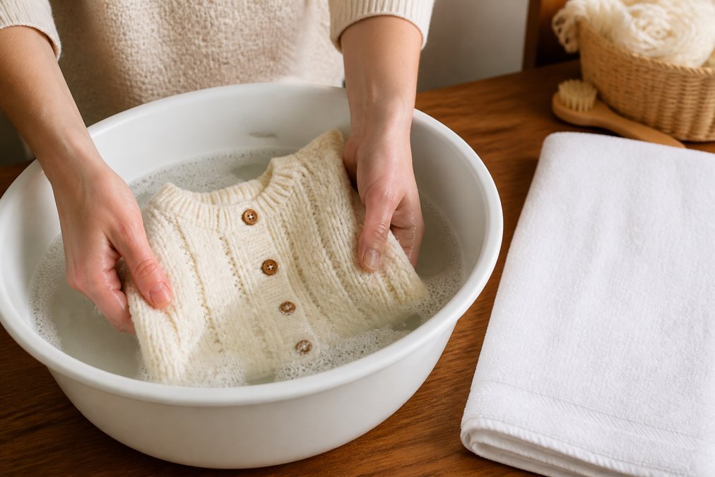 A pair of gentle hands submerging a small hand-knitted cream baby sweater into a white ceramic basin filled with cool water and a small amount of liquid soap, with a clean white cotton towel laid flat on a wooden surface nearby